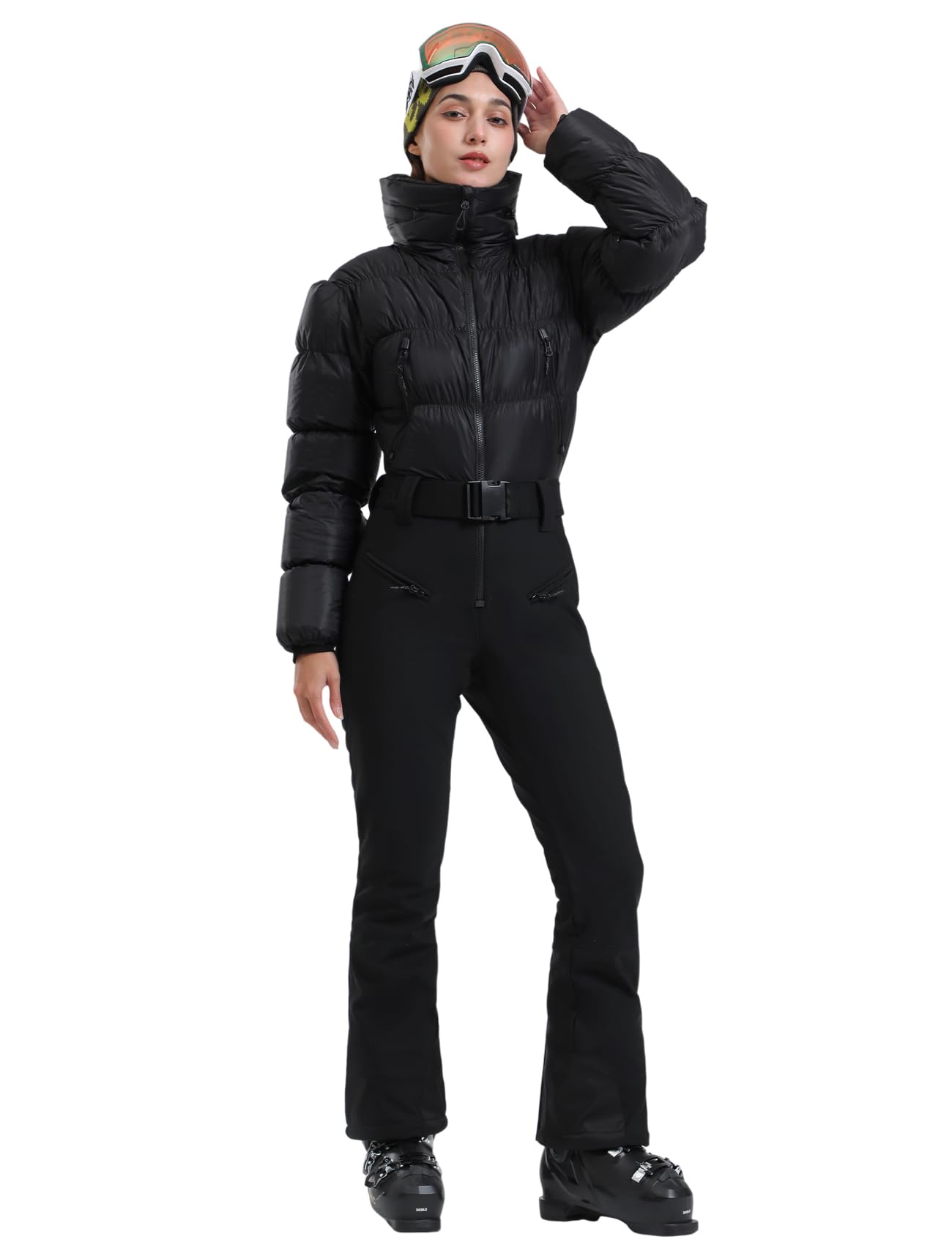 Photo 1 of GSOU SNOW Womens Ski Suits Down One Piece Snowsuit Waterproof Snowboard Jumpsuits Winter Ski Outfit Black M
