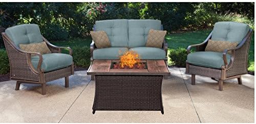 Outdoor Fire Pit Set With Chairs Propane Gas 4 Piece Seating Loveseat Rocking Motion Arm Chairs Resin Weave Porcelain Tile Top Modern Lounge Conversation Set Backyards Heater Center &amp; eBook By NAKSHOP