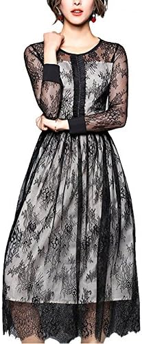 YANXH Clothing Dress Women's Lace Clothing Loose Round Neck Splice Long Sleeve Dresses,Black,XL