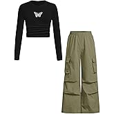 Azmxynol Teen Girls Clothes Rib Knit Ruched Long Sleeve T-Shirt Top + Cargo Jogger Pants 2 Pieces Outfit Set Fall Winter Cool Casual Clothing(15-16T)