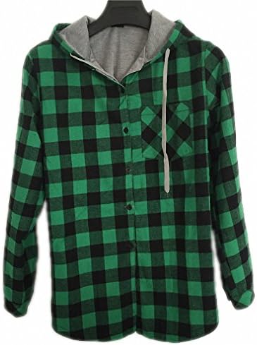 Fashion Women Hoodies Cotton Autumn Winter Coat Long Sleeve Plaid cotton Hoodies Casual button hooded Sweatshirt Oversize New GREEN XL
