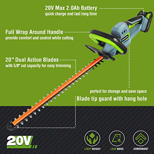 WORKPRO 20V Cordless Hedge Trimmer, 20" Dual Action Blades Electric Gardening Tool, 2.0Ah