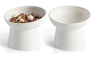 YauYik Ceramic Raised Cat Bowls, Elevated Tilted Cat Food and Water Bowls Set, Stress Free Pet Feeding Dish for Indoor Cats and Small Dogs, Anti Vomiting, White, 2 Pack
