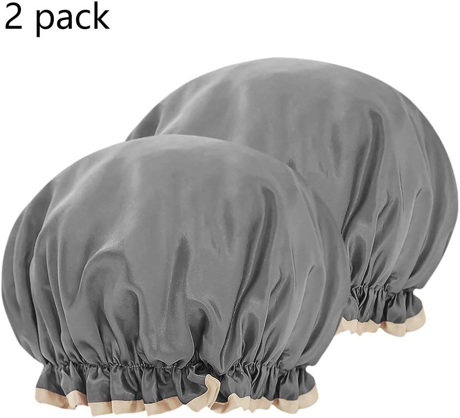 2 Pack Double-Layer Shower Cap Women Waterproof Polyester Bath Hats High Elastic Solid Color Bathing Cover Reusable Hair-dying Makeup Cap Foldable Headgear Caps for Shower Spa Makeup Cooking Salon