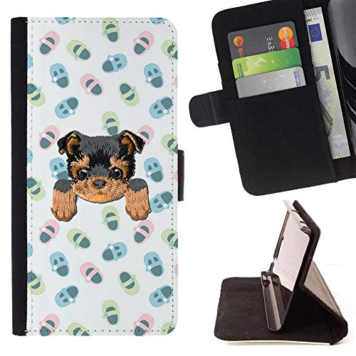 [ Yorkie ] Embroidered Cute Dog Puppy Leather Wallet Case for LG K7 / LG Tribute 5 / LG Escape 3 [ Cute Baby Slippers Pattern ]