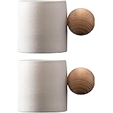 Dicmracy 2-Oz Ceramic Espresso Cups with Wood Handle, 2/4-Piece Set for Coffee, Tea, Latte - Dishwasher Safe, Multi-Color & Wood Styles, Gift & Café Use (white, Round Handle2)
