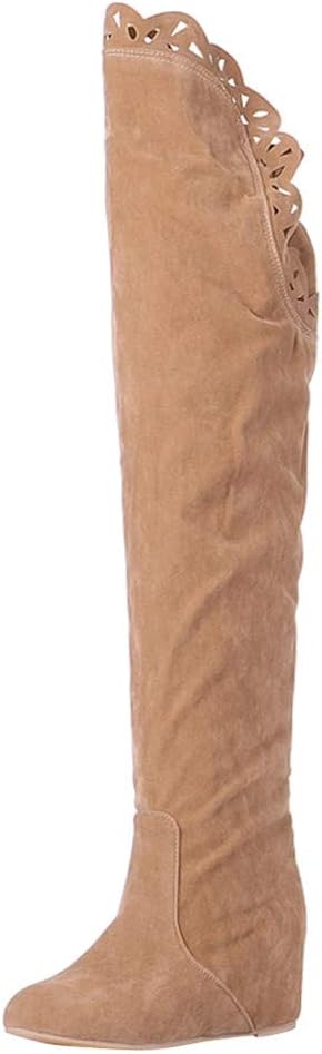 Women Wedges Long Boots Retro Over The Knee Lace Floral Trim Boots Platform Warm Ladies Stretchy High-Tube Boots for New Year