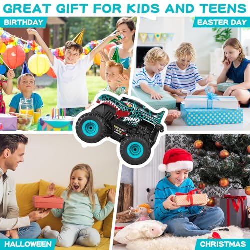Uniiking® Remote Control Monster Car, 2.4Ghz All Terrain Dinosaur Monster Truck Toys, RC Truck with Music, 3 Lighting Effects, 360 Stunt Capable, Toy Gifts for Boys and Girls (Cyan)