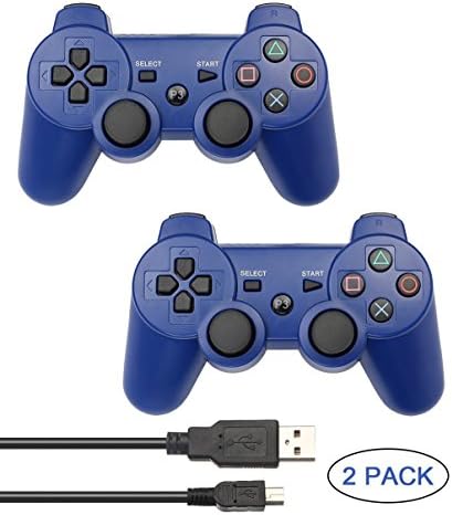 PS3 Controller 2 Pack Wireless Bluetooth Six Axis Controllers Gamepad for PlayStation 3 Dualshock 3 with 2 Charging Cable (Blue)