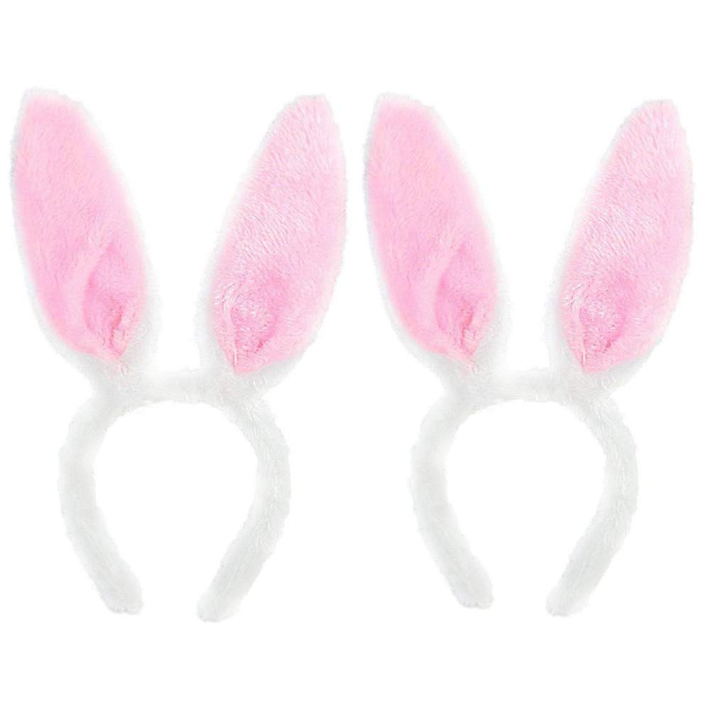 byou Rabbit Ears Headband,Bunny Ears Hairbands 2 pieces Plush Cute White and Pink Headband for Easter Party Favor Costume Decoration