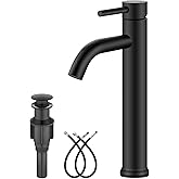 Aolemi Matte Black Vessel Sink Faucet Bathroom Faucet Tall Stainless Steel Bathroom Sink Faucet Single Handle One Hole Round Body with Pop up Drain Basin Bowl Vanity Lavatory Mixer Tap