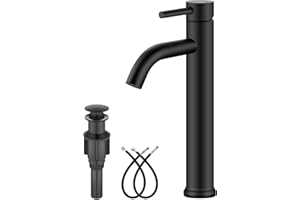 Aolemi Matte Black Vessel Sink Faucet Bathroom Faucet Tall Stainless Steel Bathroom Sink Faucet Single Handle One Hole Round Body with Pop up Drain Basin Bowl Vanity Lavatory Mixer Tap