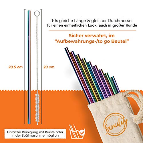fancility® Premium Edelstahl Strohhalm wiederverwendbar 10-er Set + Beutel + Reinigungsbürste, freie Farbwahl, Metall… – Bild 4