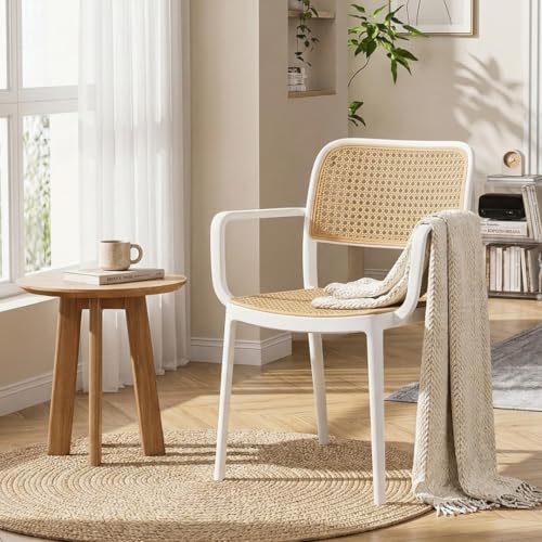 MARCOLO Rattan Chair with Arms, Outdoor Plastic Dining Chair, Weather & UV Resistant Patio Armchair for Balcony, Garden, Kitchen & Indoor Outdoor Use, White, 41x56x82cm