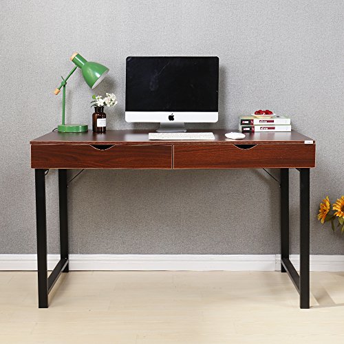 Dland Home Office Computer Desk with 2 Drawers 858-W, Composite Wood Board with Metal Frame, Walnut Black Leg, 47" Medium Size, 1 Pack