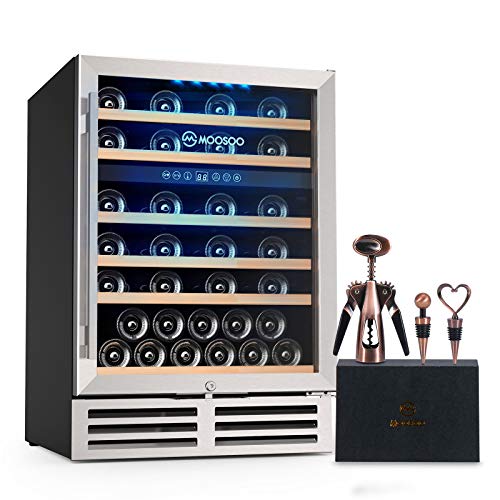 MOOSOO 24 Inch Beverage and Wine Cooler, Dual Zone Wine Refrigerator