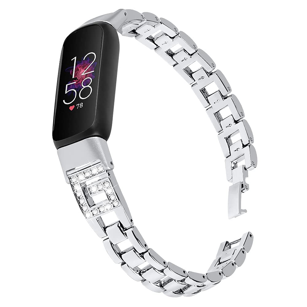 Ginamart Metal Straps Compatible with Fitbit Luxe Strap, Bling Stainless Steel Wristband Replacement Strap Arm Bands Accessories Bracelet for Luxe Activity Tracker Women Men (Silver)