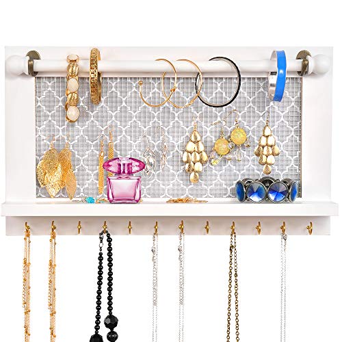 ASHLEYRIVER Wall Mounted White Wood Jewelry Organizer Holder with Hooks