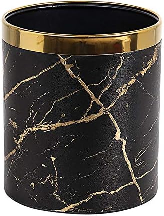 Huaqinglian PU Leather Marble Texture Trash Cans Waste Paper Basket, Storage Bin for Bathroom, Living Room, Office and High Class Hotel (Black Gold Marble)