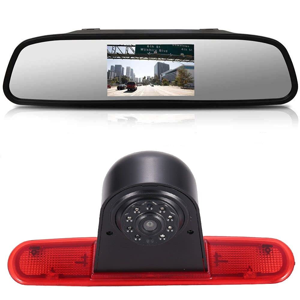 HD Auto Caravan Brake Light Roof Rear View Reversing Backup Camera with Angle Adjustable Compatible with FIAT Doblo 263 Van/Opel Combo/doblo 2 Cargo Kasten/Kombi 263 (Camera+4.3 '' rearview mirror)