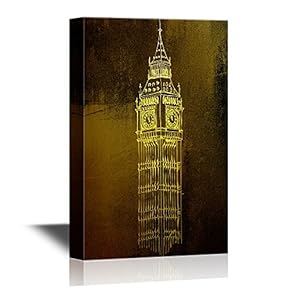 Vacation in Europe Canvas Wall Art - The Big Ben - Landmarks in Golden Color Gallery Wrap Modern Home Art | Ready to Hang - 12x18 inches