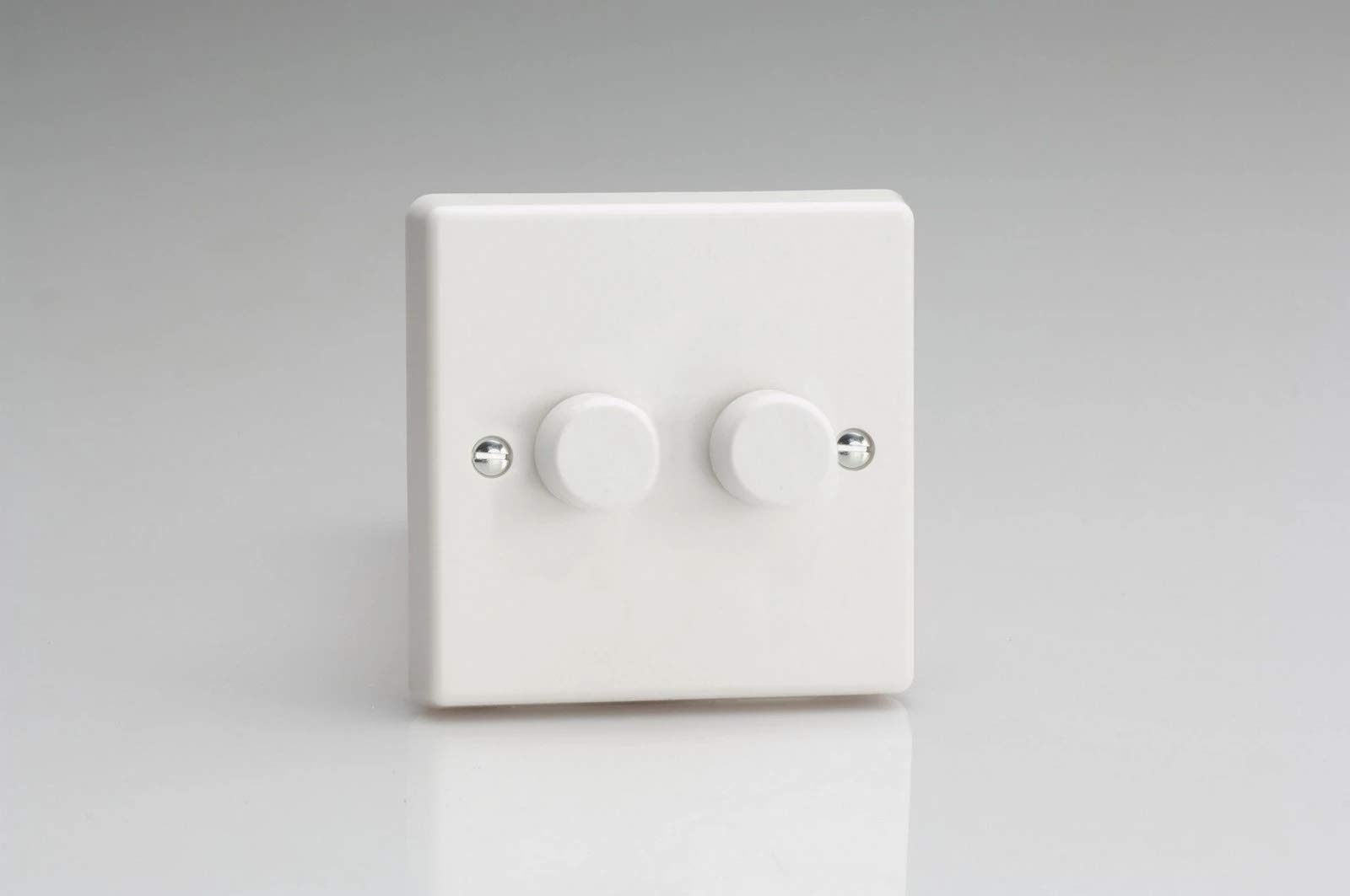 Varilight - 2 Gang 1 or 2 Way 2x250 Watt Push on/Push Off Standard Dimmer Switch Classic White Plastic - HQ4W,85x85x46mm