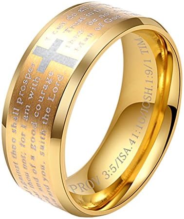 LANHIPHILIPPIANS 4:13 Mens Stainless Steel Christian Scripture Cross Ring Beveled Edge Prayer Ring, Black Size 9 (Gold, 8)