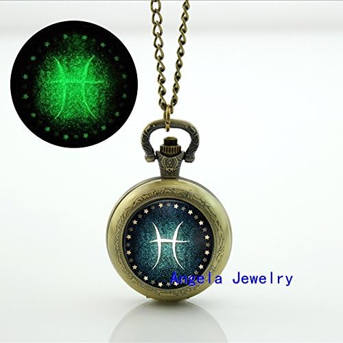 Pretty Lee Fashion Pisces Glowing Pocket Watch Necklace Glass Pisces Jewelry Glow in The Dark Pendant