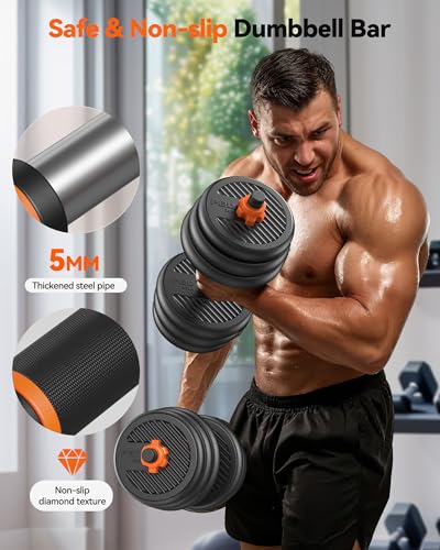 FEIERDUN Adjustable Dumbbells, 20/30/40/50/70/90lbs Free Weight Set with Connector, 5 in1 Dumbbells Set Used as Barbell, Kettlebells, Push up Stand, Weight Plate, Fitness Exercises for Home Gym