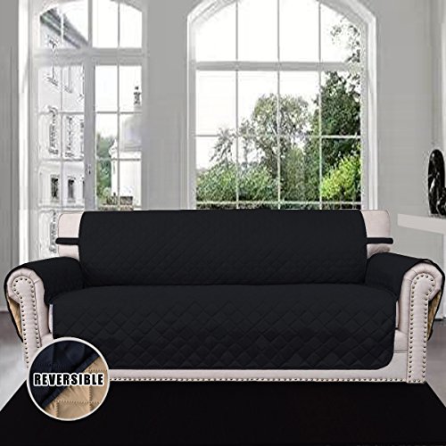 Easy-Going Sofa Covers, Slipcovers, Reversible Quilted Furniture Protector, Water Resistant, Improved Couch Shield with Elastic Straps, Anti-Slip Foams, Micro Fabric Pet Cover by (Sofa, Black/Beige)