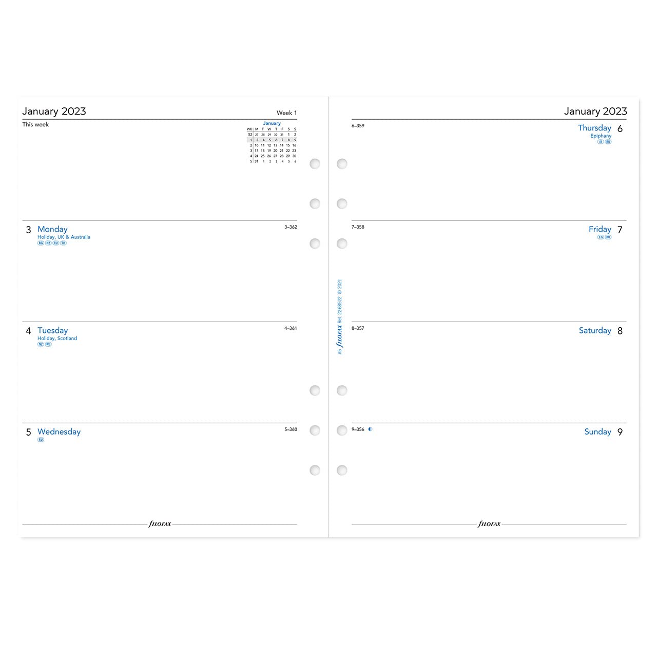 Filofax A5 week on two pages English 2023 diary ,White