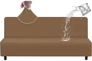 HDCAXKJ 100% Waterproof Futon Cover Full Size Washable Stretch Futon Couch Cover Armless Futon Slipcovers Twin Futon Mattress Cover Protector Futon Bed Slip Covers No Arms (Light Coffee, Large)