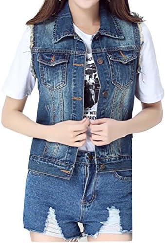 GRMO Womens Autumn Button Up Slim Fit Pocket Biker Denim Vest Waistcoat Cowboy blue US M