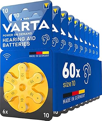Piles auditives type 10, jaune, lot de 60, Power on Demand batteries pour Amplificateur Appareil Auditif, pour Aide Auditive, Made in Germany [Exclusif sur Amazon]