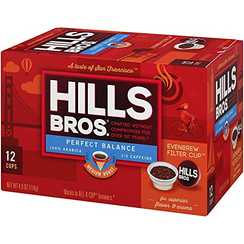 HILLS BROS SINGLE SERVE COFFEE PODS, PERFECT BALANCE, MEDIUM ROAST COFFEE, 12 COUNT-KEURIG COMPATIBLE, ROASTED ARABICA COFFEE BEANS, LESS CAFFEINE, FULL-BODY FLAVOR