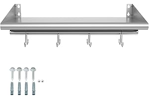 Skyflame 12" x 24" Stainless Steel Shelf with 4 Hooks, Wall Mounted Floating Shelving Storage Rack for Restaurant, Kitchen, Bathroom, Office