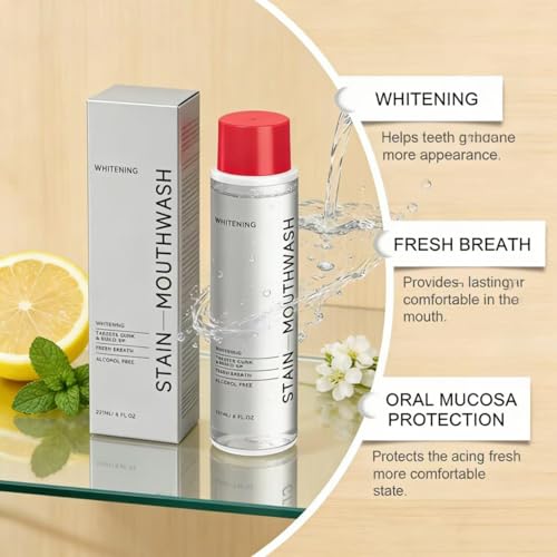 Nigwedete Stain Whitening Mouthwash, Gunk Removing Mouth wash for Fresh Breath, Hydrogen Peroxide Rinse with Essential Oils, Alcohol Free Mint Flavor, 237ml