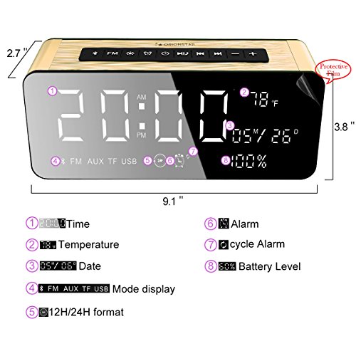 Orionstar Wireless Bluetooth Alarm Clock Radio Speaker with HD Sound & Big Digital Screen Compatible with iPhone/Android/PC4/Aux/Micro SD/TF/USB for Bedroom Office Model A10 Gold with Wall Charger - Thumbnail 2