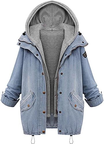 Pengy Clearence Women's Hooded Drawstring Boyfriend Trends Jean Swish Pockets Two Piece Coat Jacket Denim Parka Coat Outwear