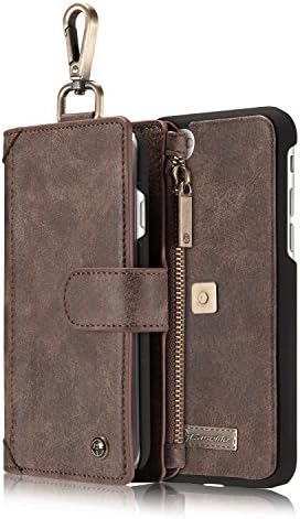 iPhone 7 Case,HIPICB Movement Series Handmade Premium Leather Wallet Phone Case,[Carabiner][Credit Card Slot] [Detachable Magnetic Case] [Wallet]Zipper Storage for iPhone 7 4.7 inch (Brown)