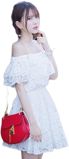Amazon Sebles レディース ワンピース レース オープンショルダー ホワイト 白 フェミニン 乙女 大人可愛い スカート お嬢 夏 半袖 ミニスカート S ワンピース チュニック 通販