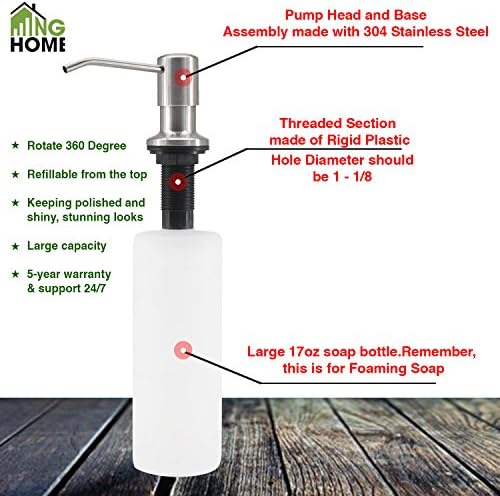 NG Home Durable 304 Stainless Steel Built in Pump Kitchen Sink Soap Dispenser,17 OZ Bottle-3.15 Inch Threaded Tube for Thick Deck Installation-Easy refillable from above counter for kit