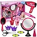 Pretend Play Beauty Set, Stylist Salon Playset Kit for Kids Toy Accessories Includes Hair Dryer, Makeup Mirror, Flat Iron, Lipstick, Scissors, Hair Brush, Nail Polish and Hair Clips