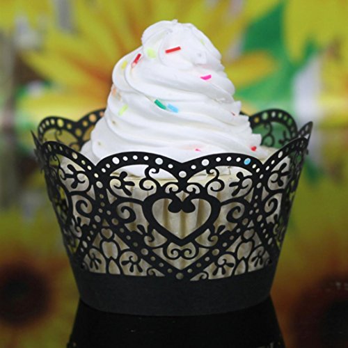 Muxika 25Pcs Hollow Lace Cup Muffin Cake Paper Case Wraps Cupcake Wrapper for Wedding Birthday Festival Party Decoration DIY Cupcake (Black)