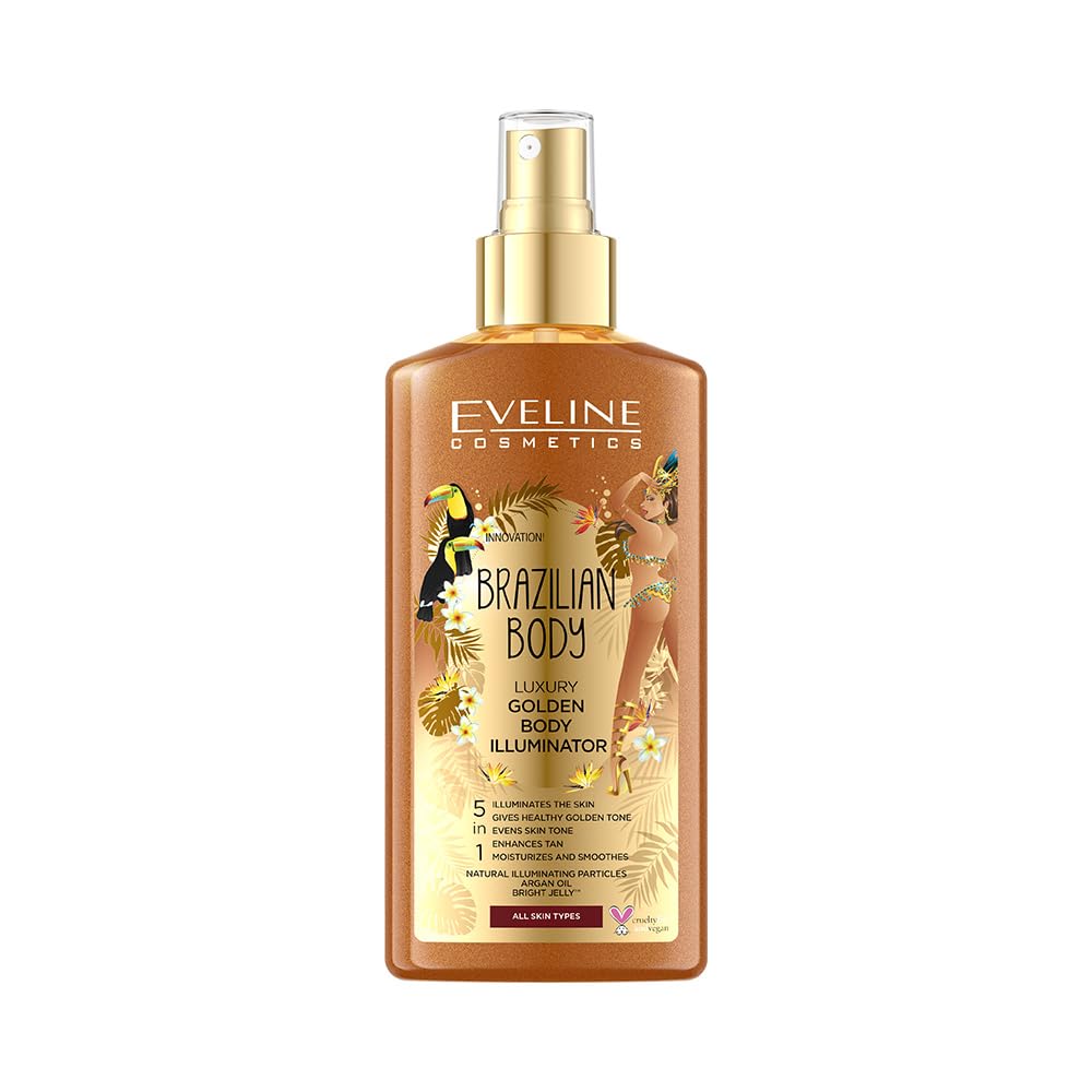 Eveline Cosmetics Brazilian Body Luxury Golden Body Highlighter 5-in-1 - Brazilian Body Illuminating Glow with Argan Oil - 150ml