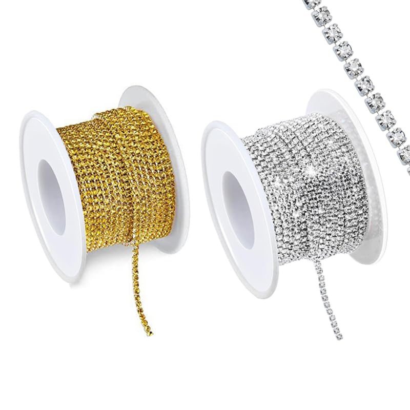 Photo 1 of 2 Rolls Crystal Rhinestone Trim, BetterJonny Total 20 Yards 2 MM AB Close Chain Diamond Crystal Claw Cup Chain Sew on Trim for DIY Wedding Home Party Crafts Making Decorations(Silver, Gold)