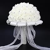 FIDDY898 Romantic Wedding Bride Holding Bouquet Roses with Crystal Diamond Ribbon Artificial Foam Flower Bouquet (White)