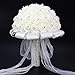 FIDDY898 Romantic Wedding Bride Holding Bouquet Roses with Crystal Diamond Ribbon Artificial Foam Flower Bouquet (White)