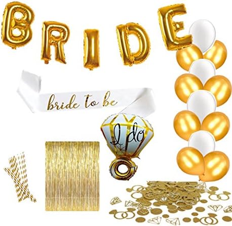 Bachelorette Party Decorations &amp; Bridal Shower Kit Includes: Diamond Ring &amp; BRIDE Foil Balloons, Bride to Be Sash, Gold &amp; White Latex Balloons, Gold Fringe Curtain, Ring Confetti, Gold/White Straws