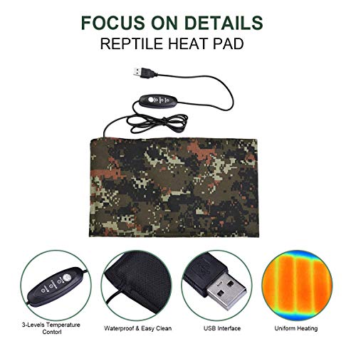 Reptile Under Tank Heating Pad - USB Amphibian Heating Camouflage Pad with Thermostat 3-Levels Temperature, Warming Pad for Lizard, Bearded Dragon, Chameleon, Corn Snake, Spider, Small